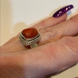 Sterling Silver with red coral southwestern square ring